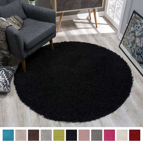 Shaggy Hoogpolig vloerkleed Zwart Effen Tapijt Carpet - 120 x 120 cm |  bol.com