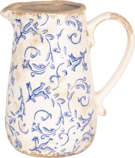 Pichet décoratif blanc avec imprimé de feuilles bleues, style campagnard.