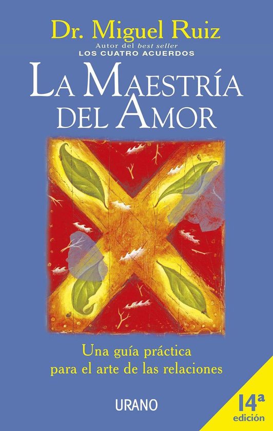 Boekcover 'La Maestría del Amor' met gouden en rode abstracte vormen en gele bladeren.