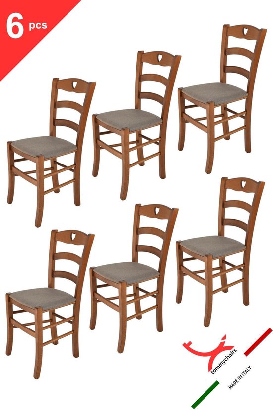 Tommychairs - Ensemble de 6 chaises modèle Cuore. Très approprié pour la cuisine, la salle à manger, mais aussi pour la restauration. Chaise couleur noyer avec assise rembourrée en tissu couleur fauve