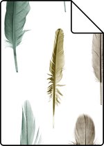 Proefstaal ESTAhome behangpapier veren okergeel, bruin en vergrijsd groen - 138896 - 26,5 x 21 cm