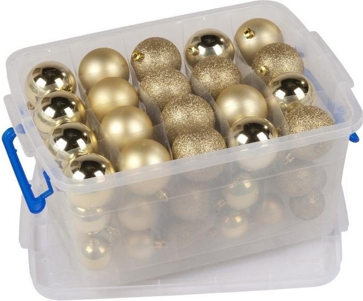 Opbergbox/bewaarbox met 70 gouden kunststof kerstballen