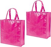 2x stuks boodschappentassen shoppers fuchsia roze 38 cm - Tassen en shoppers