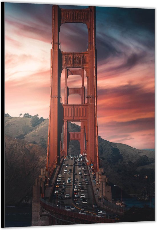 Dibond –Golden Gate Bridge met Auto's - California - Amerika– 100x150 Foto op Aluminium (Wanddecoratie van metaal)