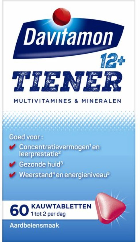 Verpakking Davitamon Tiener 12+ met 60 kauwtabletten en aardbei smaak.