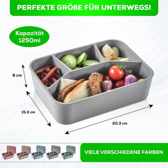 KLIPPSI® Lunchbox Medium met 3 Vakken Broodtrommel Voorraaddoos van Platina Siliconen, scheurvast, hitte-koudebestendig, lekvast
