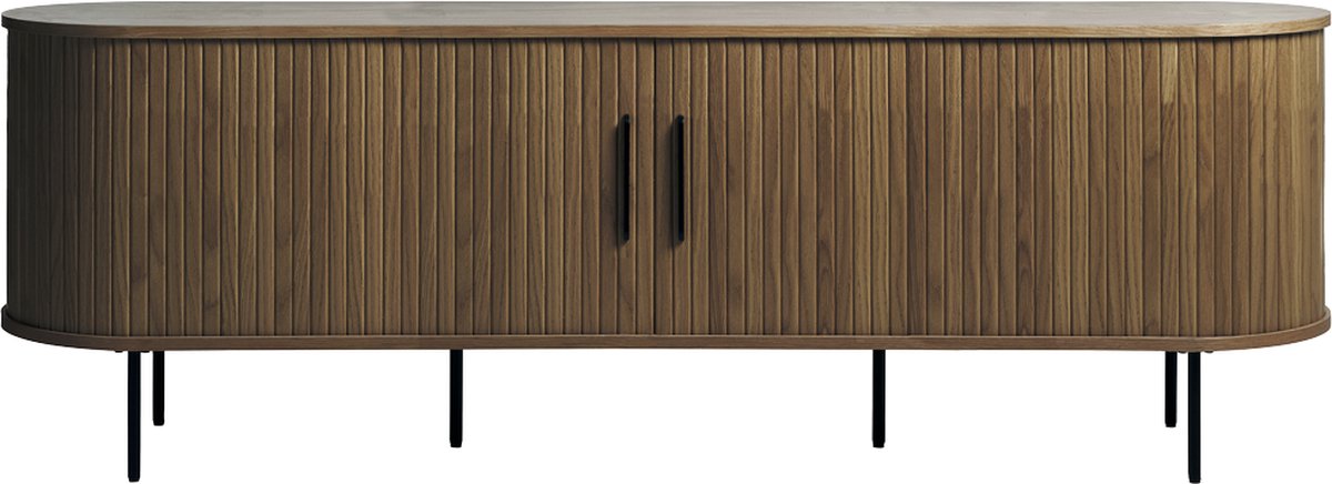 Olivine Lenn TV Meubel Gerookt Eiken - Hout - met Schuifdeuren - TV kast - Verstelbare Planken - Ovaal - Scandinavisch - 180 x 40 x 56 cm