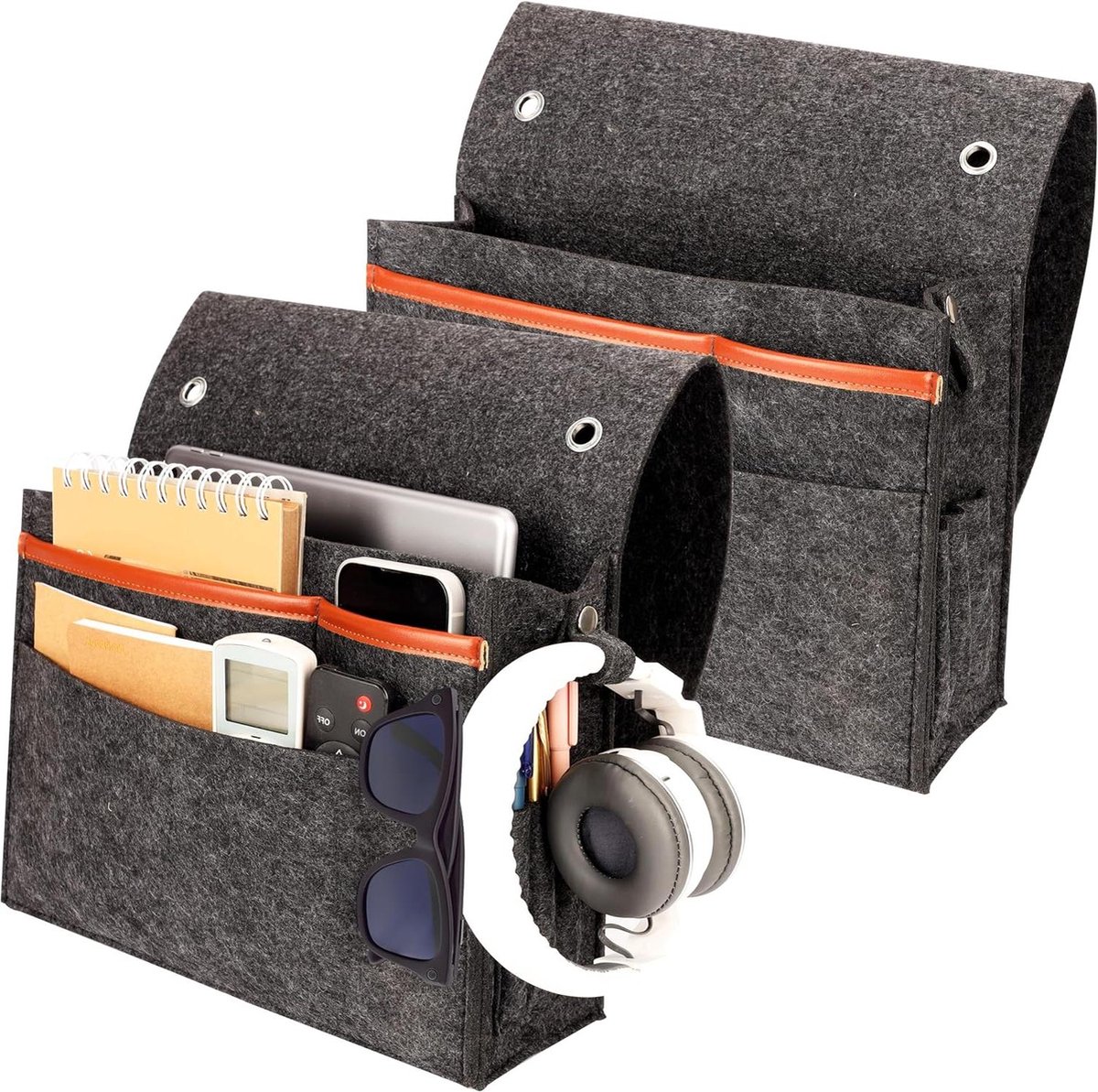 Hanging Bedside Organiser Pockets - 2 Pack Felt Storage Caddies with 4 Pockets - Home Bed Rails Bunk-Hospital Beds Sofa-Dorm - Remote Phone Glasses Magazines-Books