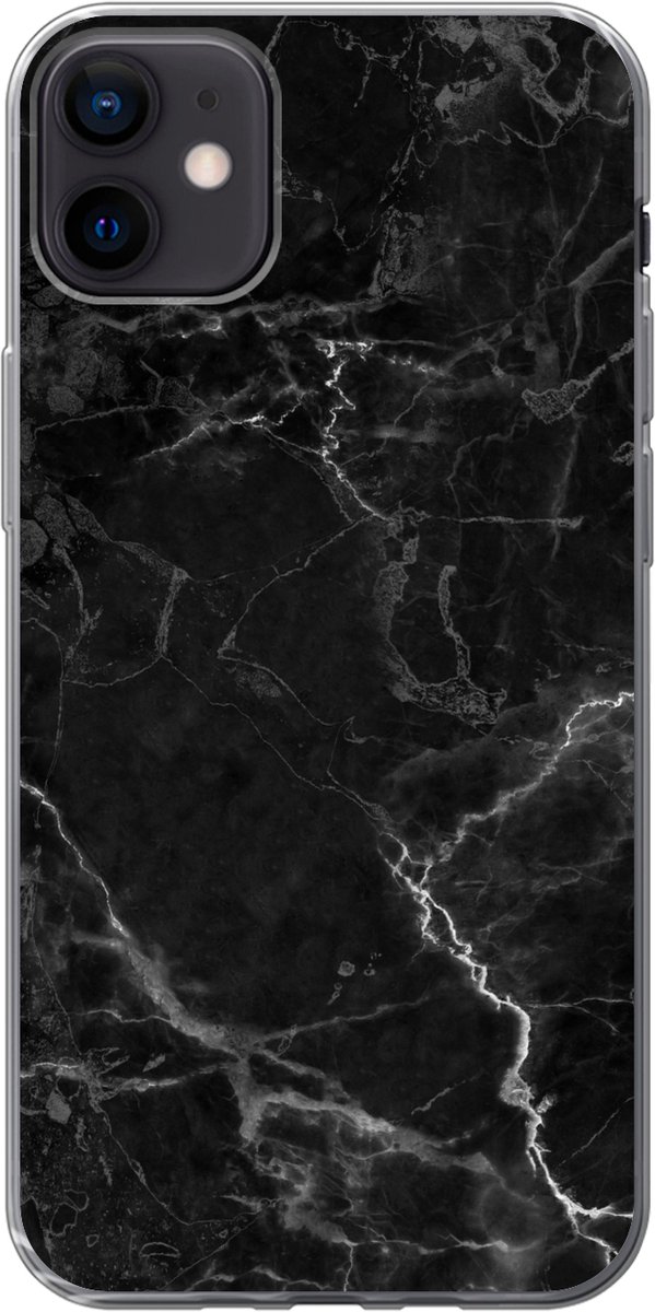 Telefoonhoesje Geschikt voor iPhone 12 mini hoesje - Marmer print - Zwart - Wit - Textuur - Marmer printlook - Siliconen Telefoonhoesje Telefoonhoesje