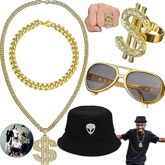 Dollar kettingset, hiphop-kostuumset, pooierkostuum, hiphop-kostuum, accessoires, dollartekens, halsketting, ringen, zonnebril, gouden ketting, hiphop-sieraden voor jaren 80/90 heren, carnaval, feest