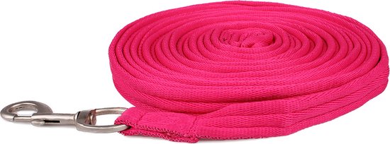 Fuchsia longeerlijn van QHP, opgerold, met zilverkleurige musketonhaak.