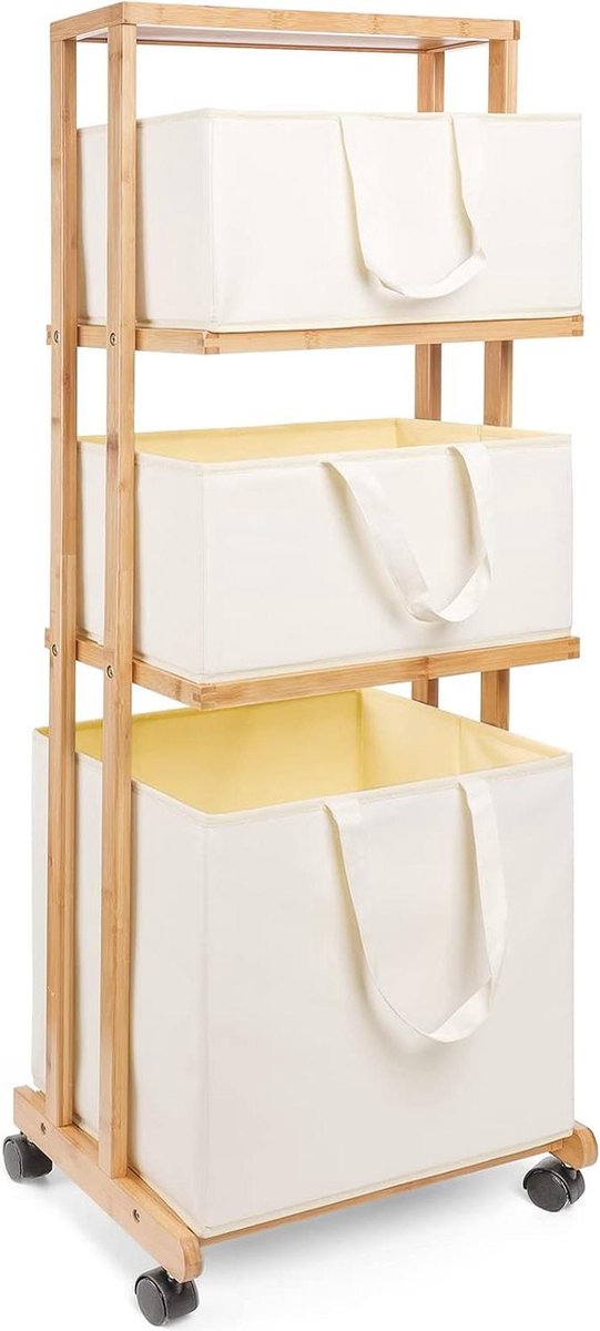 Goedkoopste Bamboe Wasmand met Wieltjes en 4 Verdiepingen - Wassen Sorteerder - Badkamerrek met 3 Opbergmanden - Wasverzamelaar - Waswagen - Wascontainer - 121x34x42cm - 50kg belastbaar - Natuur Wasmand 3.0
