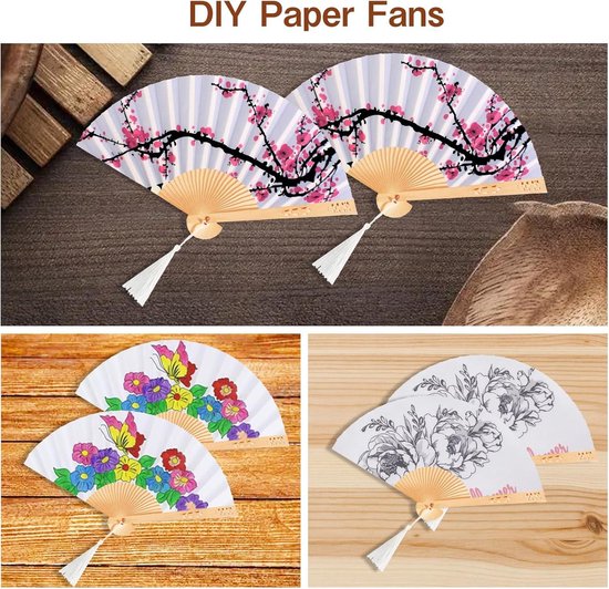 3 stuks 8 inch houten vouwventilatoren en 3 stuks witte kwastjes, holle gesneden houten ventilatoren, Chinese opvouwbare houten ventilatoren, kwastjes houten fans, draagbare houten fans, geschenken
