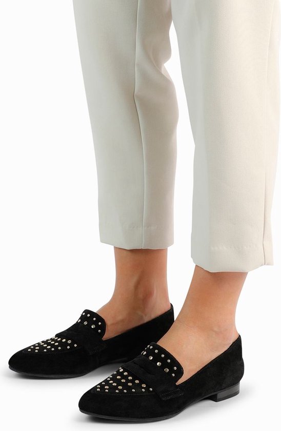 Manfield Dames Zwarte suède loafers met goudkleurige studs