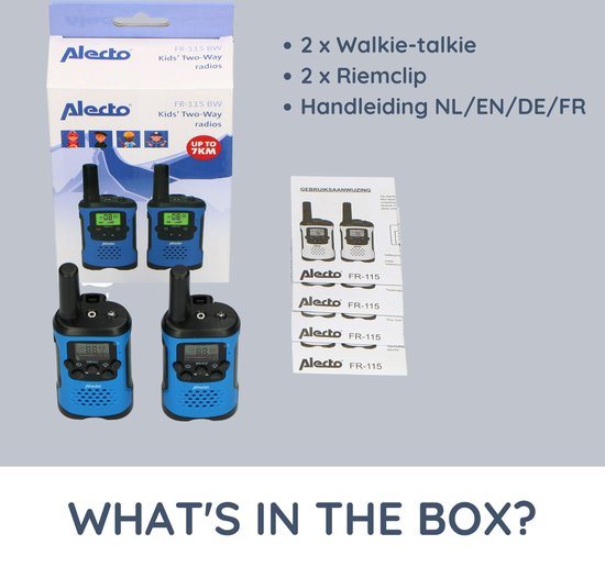 Inhoud van de Alecto FR-115BW verpakking: 2 walkietalkies, 2 riemclips en handleiding.