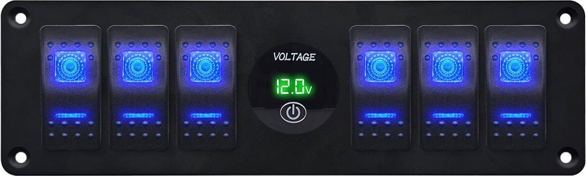 ProRide Schakelpaneel 12V voor Auto/Boot - Universele voltmeter met Aan/uit schakelaar - 12/24V - 6 schakelaars - Groen