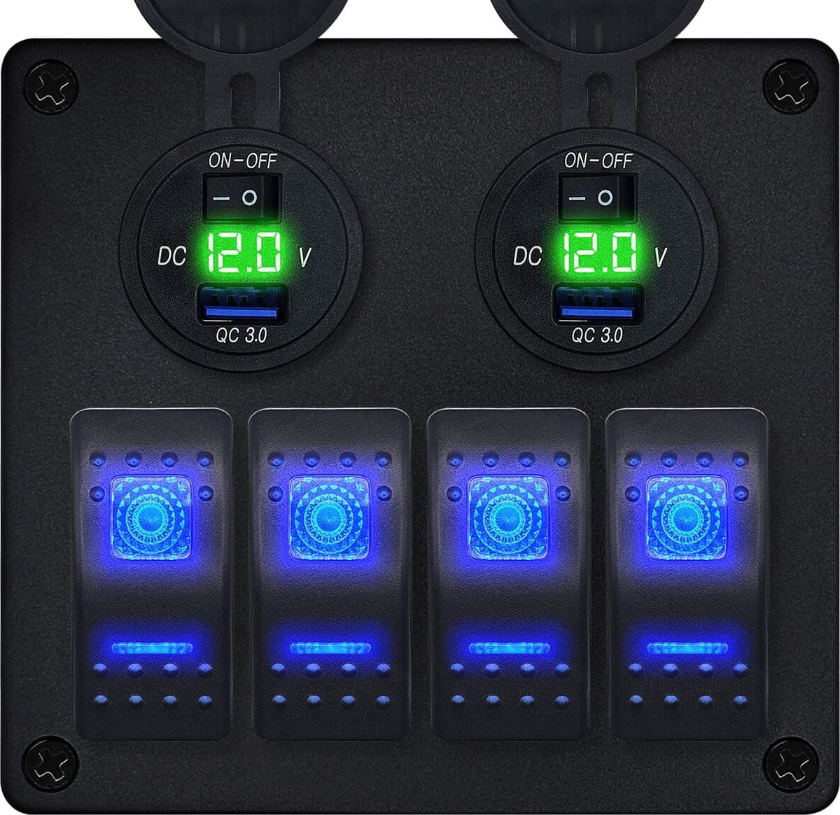 ProRide Schakelpaneel 12V voor Auto/Boot - USB Stopcontact met Schakelaar/Voltmeter - 5V/2.4A - 4 schakelaars - Groen