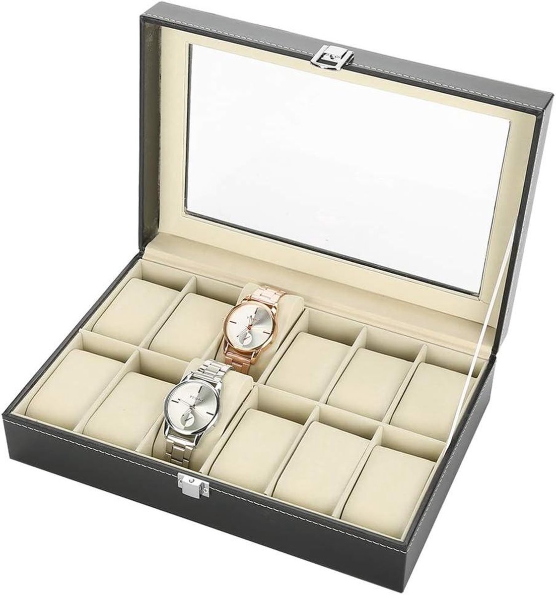 12-Grids PU Lederen Horloge Display Case Organizer met Glas Deksel - Grote Houder voor Horloges