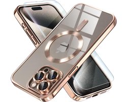 BixB hoesje met screenprotector geschikt voor iPhone 15 Pro Max MagSafe siliconen Backcover - Rosegoud