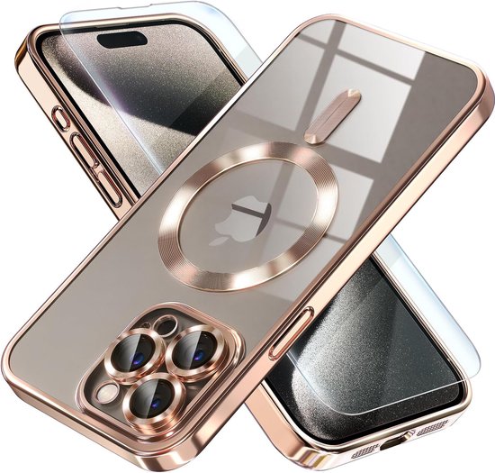 BixB hoesje met screenprotector geschikt voor iPhone 15 Pro Max MagSafe siliconen Backcover - Rosegoud