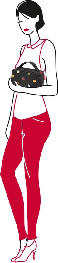 Illustratie van een vrouw met een zwarte tas met gekleurde stippen.