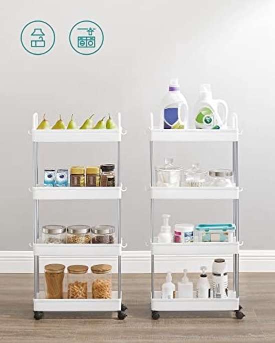 SONGMICS trolley, badkamerplank, badkamerplank met 3 niveaus, nisplank bamboe, smalle plank, niswagen op wielen, ruimtebesparend, 20 x 30 x 80 cm, wit naturel BCB083N02
