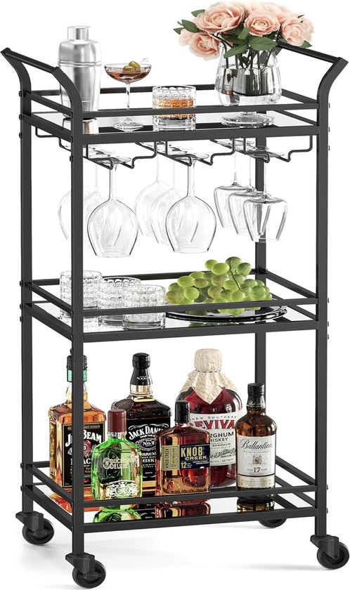 FurnStar - Serveerwagen - 3 niveaus - rolwagen - met wieltjes - handgrepen - spiegelglazen planken - voor kleine ruimtes - keuken - eetkamer - bar - 30 x 46,8 x 92 cm - Zwart
