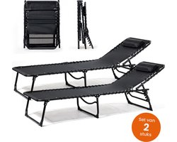 Goliving Ligbed - 5 Standen - 188 x 56 x 29 cm - 2 Stuks - Inklapbaar Zonnebed - Opvouwbaar Strandbed - Ligstoel Tuin - Inclusief Hoofdkussen - Verstelbare Rugleuning - Zwart