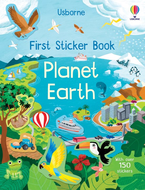 Usborne First Sticker Book Planet Earth met dieren en voertuigen.