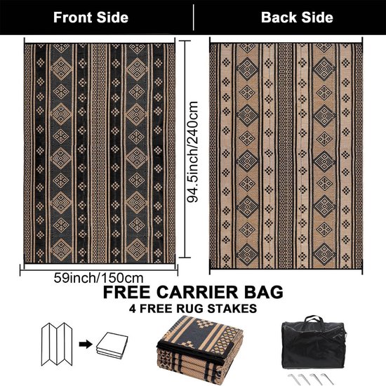 Enyhom Outdoor tapijt, weerbestendig, 180 x 270 cm, omkeerbare vloermat, kunststof, terrastapijt, buitentapijt, uv-bestendig, camper, balkon, tapijt voor patio, strand, BBQ, picknick, dek, woonkamer