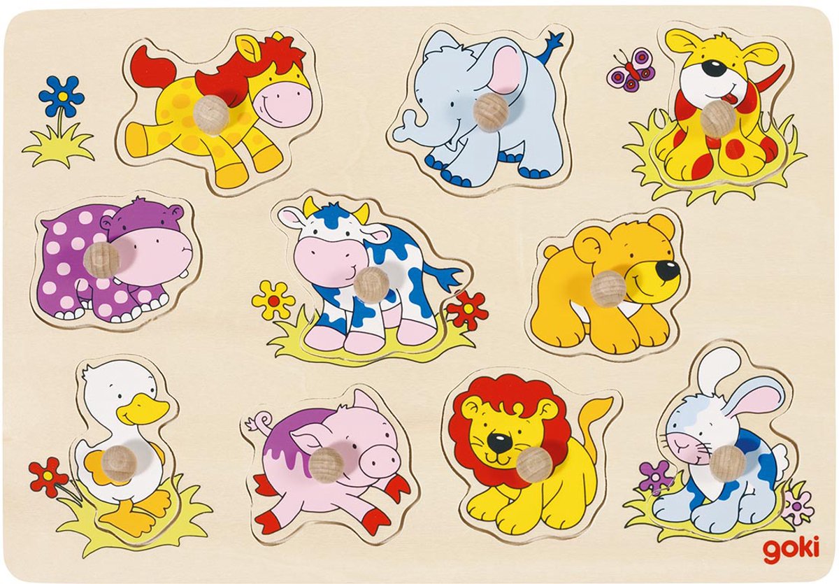 GOKI Steekpuzzel - Dierenbaby's - 10 Delen - 30X21X2,4Cm - Hout - 1 Jaar — afbeelding 2