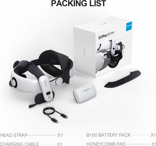 Verpakking van een witte VR-headset, batterijpakket, oplaadkabel en comfortkussen.