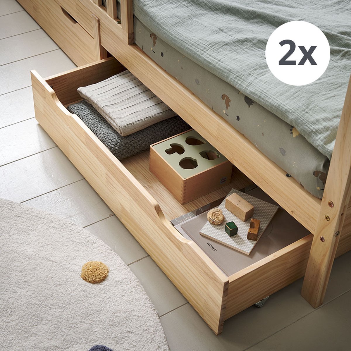 Petite Amélie Opberglades op Wieltjes 'Maison' 200x90 cm - Warme Naturel - Set van Twee - Perfect voor Onder het Maison Kinderbed 200x90 cm - Extra Opbergruimte voor Speelgoed, Kleding of Beddengoed - Houdt de Kamer Netjes en Rommelvrij