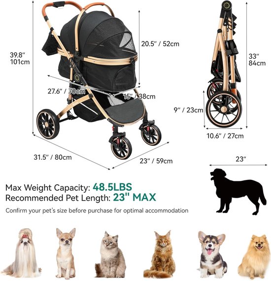 OHMG 3-in-1 buggy, opvouwbaar, voor honden en katten, opbergmand