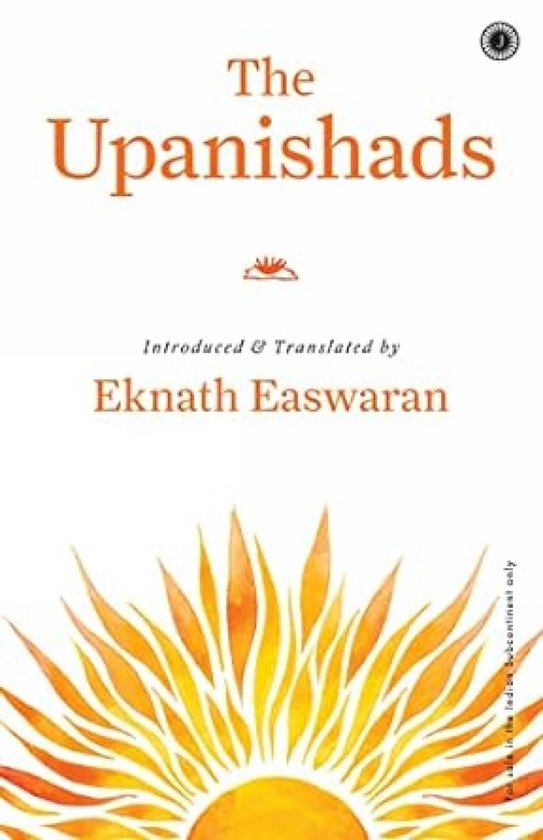 Boekomslag van 'The Upanishads', geïntroduceerd en vertaald door Eknath Easwaran, met een zonsopgangsillustratie.