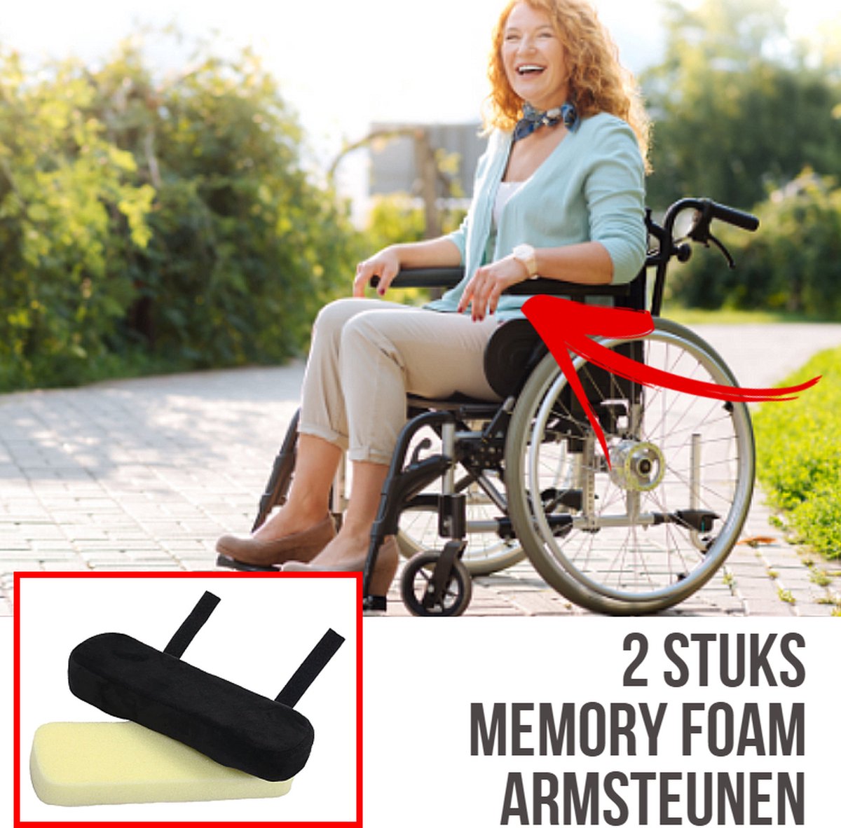 Goedkoopste Allernieuwste.nl® 2 STUKS Rolstoel Armsteunen ZWART Memory Foam - Anti Slip met Klittenband - Armleuning Kussen - Invalidenwagen - 2x Zwart