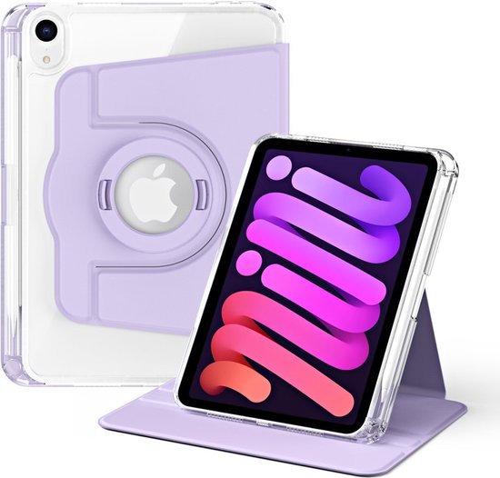 Paarse tablethoes met iPad Mini 6/7 in standaard modus, inclusief Apple logo.
