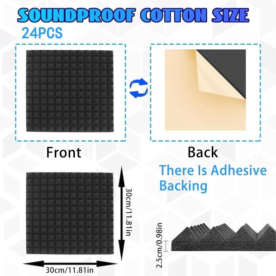 Zelfklevend Geluidsabsorberend akoestisch schuim Soundsbay 12 stuks 30 x 30 x 2,5 cm Akoestische Panelen voor opnamestudio's, kantoor, thuisstudio's