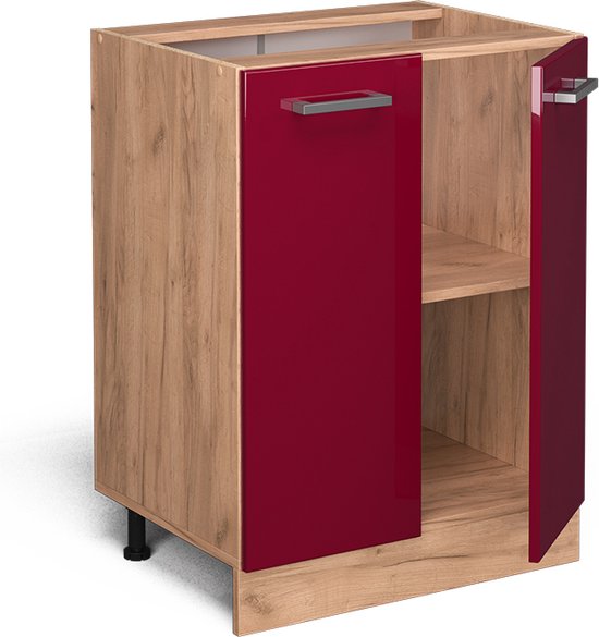 Vicco Élément bas de cuisine R- Line, Rouge bordeaux brillant/Chêne doré puissant, 60 cm, Chêne WB