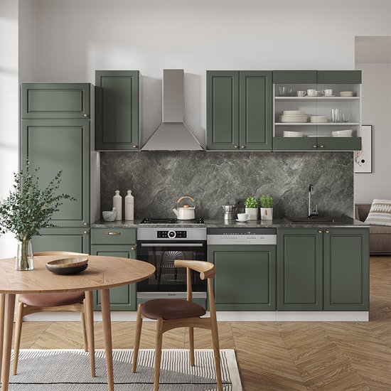 Vicco Elément de cuisine complet Fame- Line, Green- Goud Country House / Wit/ Wit, 300 cm sans plan de travail