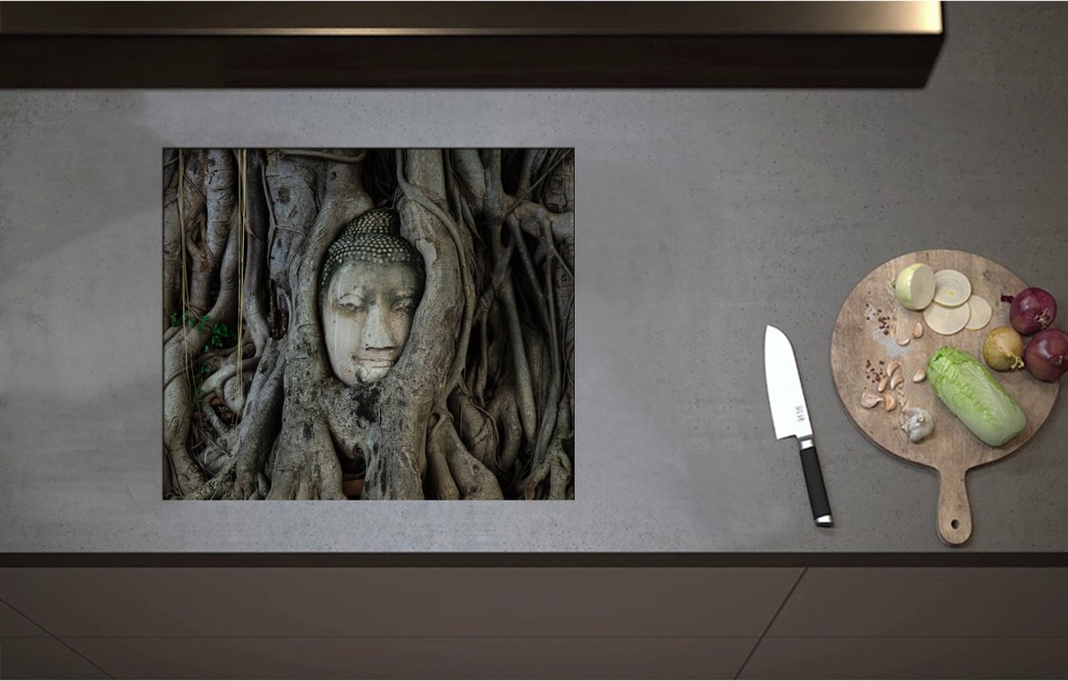 Inductieplaat Beschermer - Budha tussen Bomen - 58x50 cm - 2 mm Dik - Inductie Beschermer - Bescherming Inductiekookplaat - Kookplaat Beschermer van Zwart Vinyl