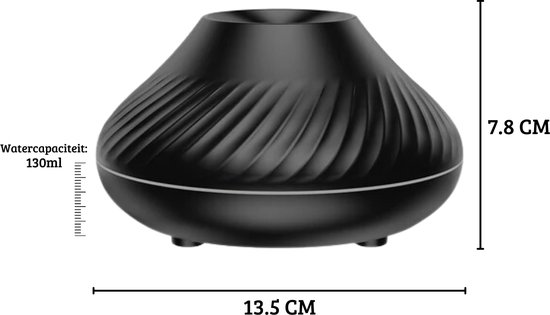 Zwarte vulkaanvormige aroma diffuser, met afmetingen aangegeven. Watercapaciteit 130ml.