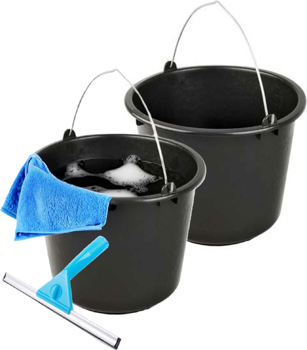 Goedkoopste Huishoudemmer met hengsel - 2x - zwart - 12 liter - schoonmaak emmer - auto wassen