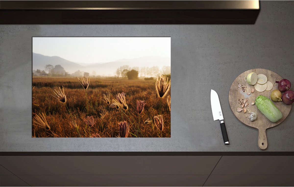 Inductieplaat Beschermer - Chloris Gayana Grassen in het Weiland bij Gebergte - 71x52 cm - 2 mm Dik - Inductie Beschermer - Bescherming Inductiekookplaat - Kookplaat Beschermer van Wit Vinyl