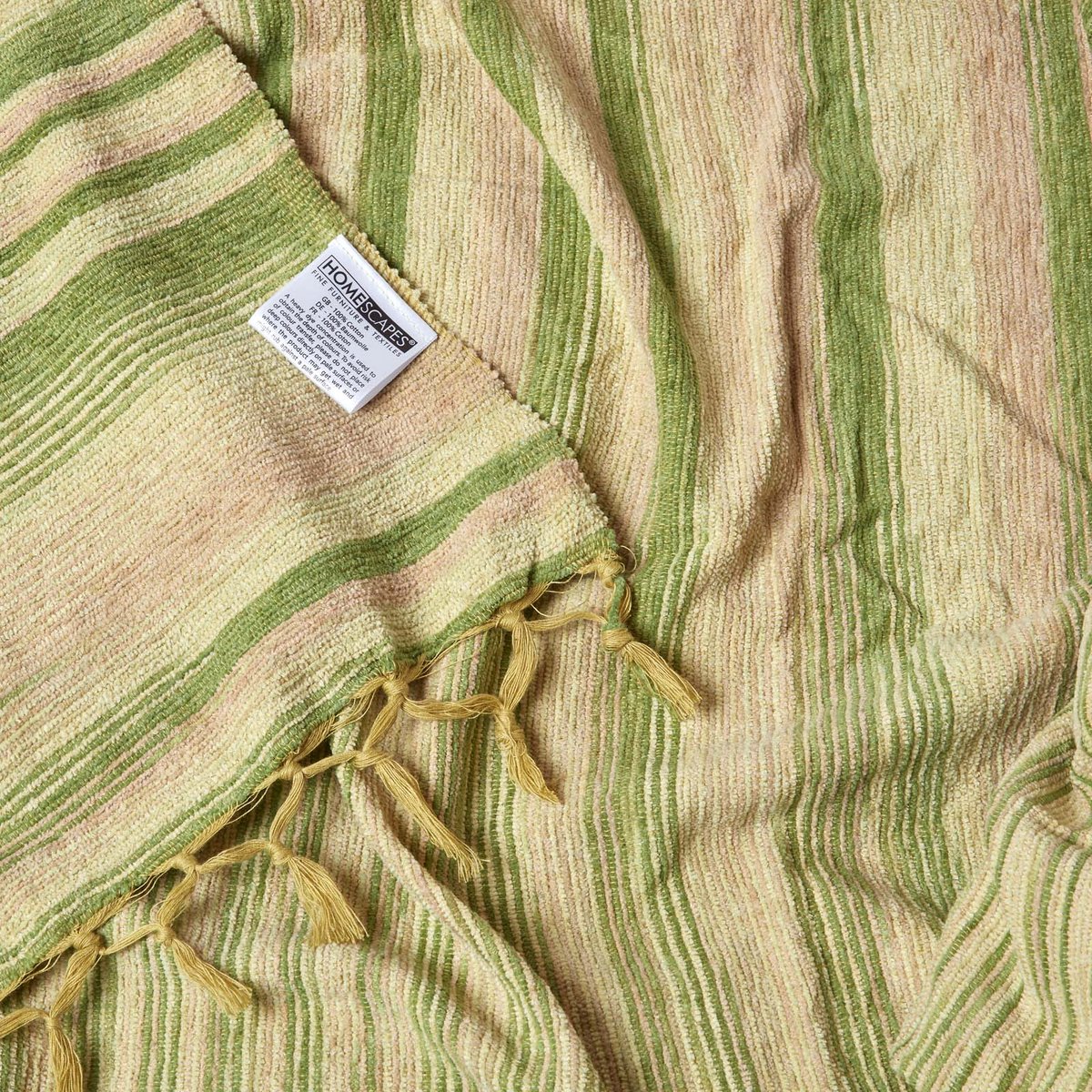Homescapes Chenille Sprei Groen/Olijfgroen Gestreept Met Franjes - 220x240 Cm 100% Katoen