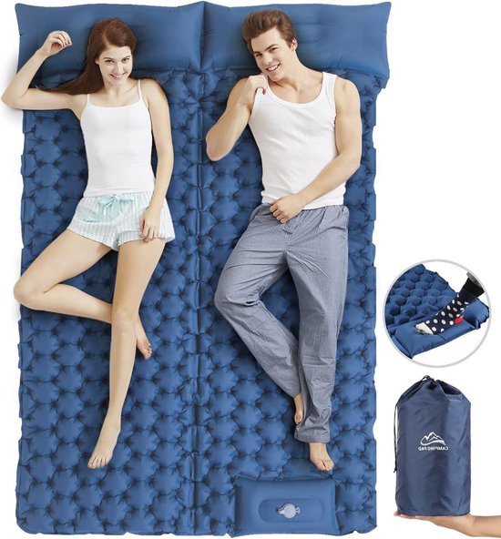 Tapis De Camping Double – Coussin Gonflable Bleu, Avec Sac De Rangement