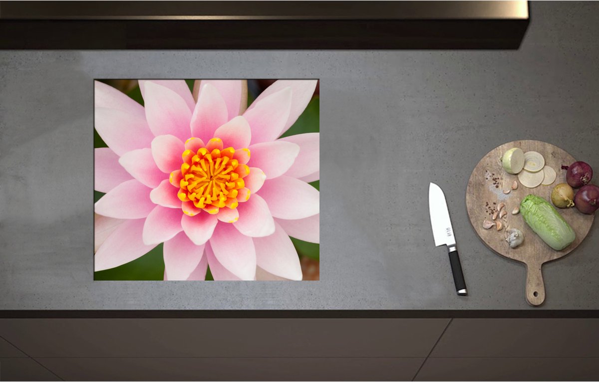 Inductieplaat Beschermer - Bovenaanzicht van Roze Lotus Bloem - 57x51 cm - 2 mm Dik - Inductie Beschermer - Bescherming Inductiekookplaat - Kookplaat Beschermer van Wit Vinyl
