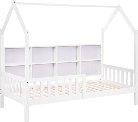Huisbed, kinderbed, tienerbed, 200 x 90 cm, functioneel bed met boekenplank, plank met valbeveiliging, multifunctioneel hout, kinderbed, jongens en meisjes, witte laden, massief hout, kinderbed met Huisbed, kinderbed, tienerbed, 200 x 90 cm, functioneel bed met boekenplank, plank met valbeveiliging, multifunctioneel hout, kinderbed, jongens en meisjes, witte laden, massief hout, kinderbed met