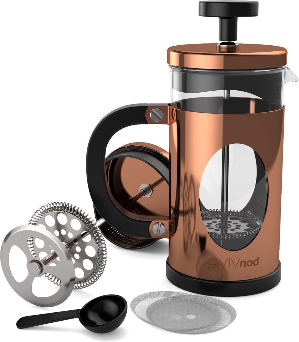 Franse pers koffiemaker - roestvrijstalen cafetière met glazen kan - handmatige koffiezetter met koperen afwerking - koffie pers klein - 12 oz - 0.35 l stainless steel press