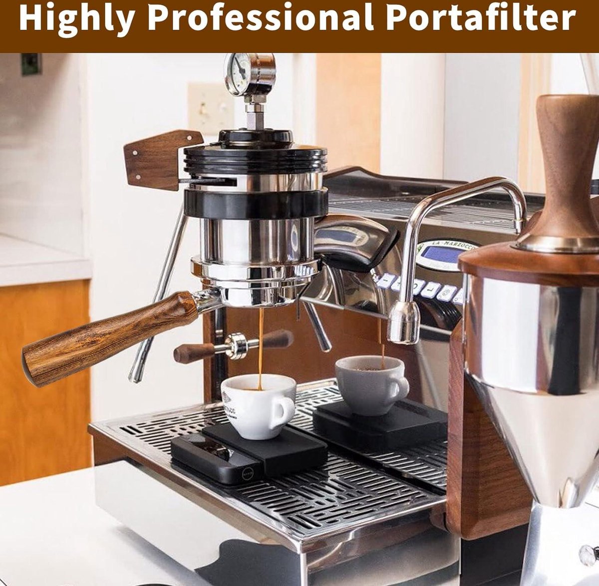 Portafilter Sans Fond 54 Mm – Compatible Sage Breville Barista Express/Pro/Touch, Poignée Bois Massif + 2 Rondelles Anti-Salissures